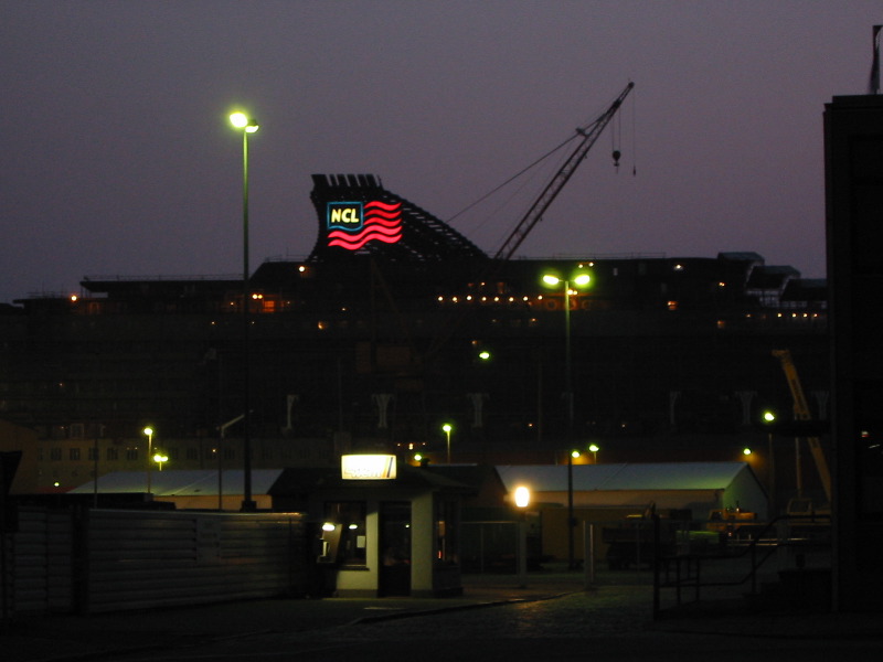 Pride of America's NCL flag is illuminated nicely at night
