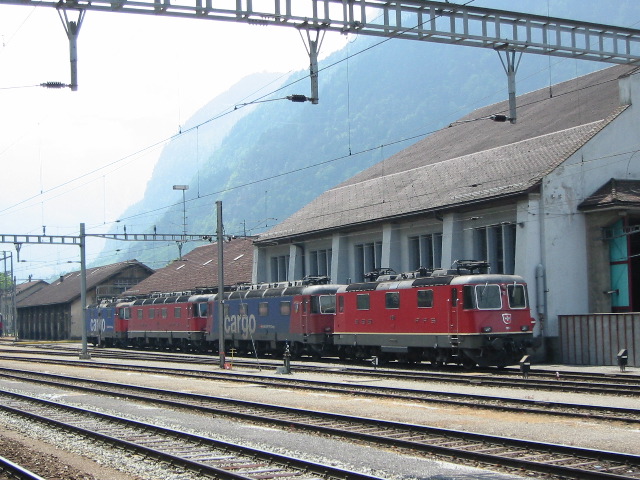 Nette Aufreihung von Loks vor dem Depot in Erstfeld